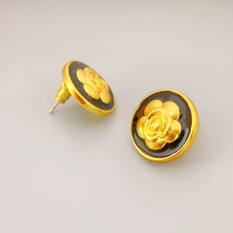 Camellia Flower Button Stud Earrings With 925 Sterling Silver Earring Post Black Enamel Brass Gold Plated Elegant Women