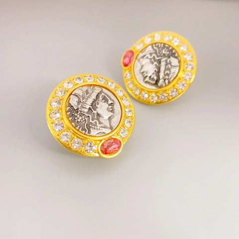 Orecchini A Lobo Vintage Francesi Con Rilievo Di Moneta E Pietra Rossa Con Perno In Argento Sterling 925 Rame Placcato Oro Per Donne
