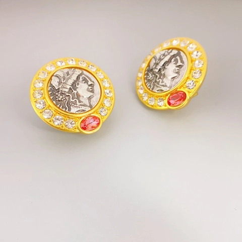 Orecchini A Lobo Vintage Francesi Con Rilievo Di Moneta E Pietra Rossa Con Perno In Argento Sterling 925 Rame Placcato Oro Per Donne
