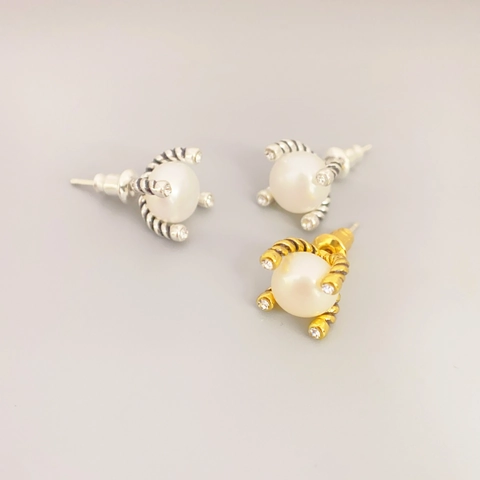 Artificial Pearl Stud Earrings With 925 Sterling Silver Earring Post Rhinestone Copper Brass Vintage Spiral Texture For Women