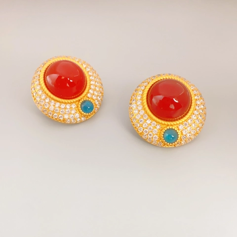 Orecchini A Lobo Tondi Vintage Con Pietra Preziosa Rossa Strass E Perno In Argento Sterling 925 Da Donna Oro