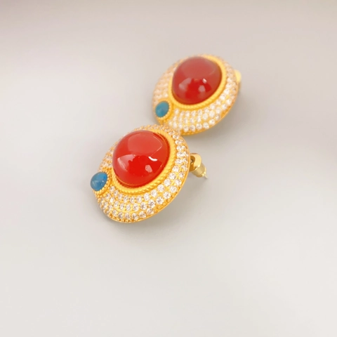 Orecchini A Lobo Tondi Vintage Con Pietra Preziosa Rossa Strass E Perno In Argento Sterling 925 Da Donna Oro