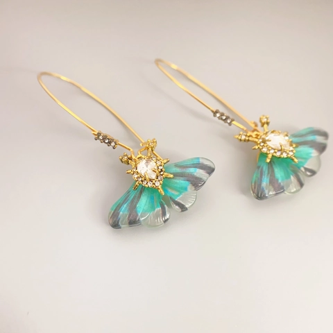Butterfly Drop Earrings Gold Plated Copper With Gradient Resin Wings And Clear Cubic Zirconia Long Hook Style Elegant Jewelry