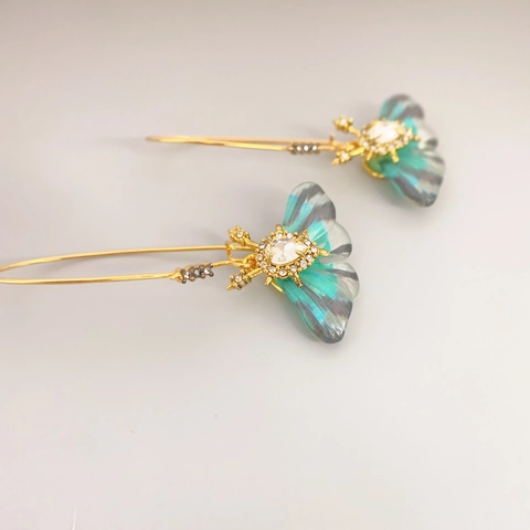 Butterfly Drop Earrings Gold Plated Copper With Gradient Resin Wings And Clear Cubic Zirconia Long Hook Style Elegant Jewelry