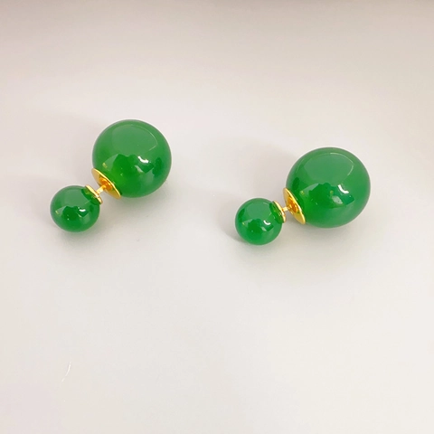 Green Faux Agate Double Bead Stud Earrings Brass 18K Gold Plated With 925 Sterling Silver Earring Post Elegant Women
