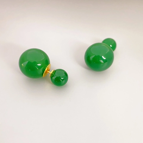Green Faux Agate Double Bead Stud Earrings Brass 18K Gold Plated With 925 Sterling Silver Earring Post Elegant Women