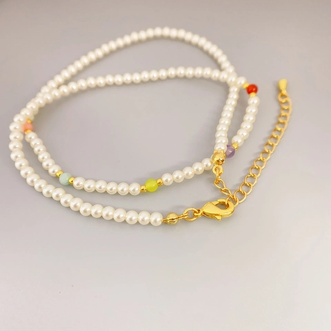 Handmade Imitation Artificial Pearl Necklace With Colorful Agate Beads Brass 18K Gold Plating Simple Chic Collar Chain For Women