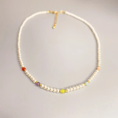 Handmade Imitation Artificial Pearl Necklace With Colorful Agate Beads Brass 18K Gold Plating Simple Chic Collar Chain For Women