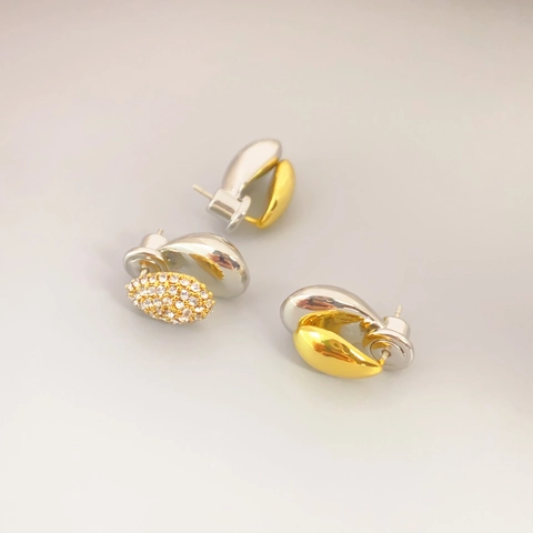 Water Drop Stud Earrings For Women Copper Bicolor Plated With 925 Sterling Silver Earring Post Zircon Fashion Elegant