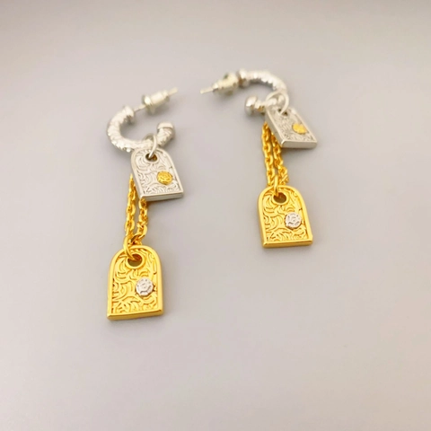 Pendientes Colgantes Relieve Rectangular Retro Francés Latón Oro Plata Color Block Elegante Con Poste De Plata De Ley 925