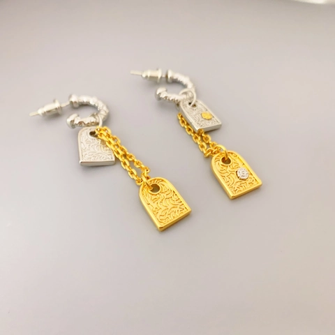 Pendientes Colgantes Relieve Rectangular Retro Francés Latón Oro Plata Color Block Elegante Con Poste De Plata De Ley 925