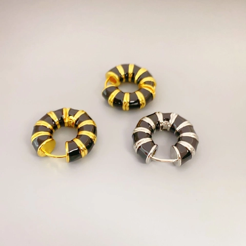 Orecchini A Cerchio Vintage Chunky Ottone Placcato Oro 18K Smalto Nero Gioielli Retro Geometrici Per Donna
