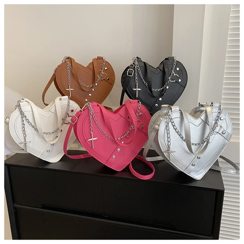 Fashion Heart Shaped Women Shoulder Bag PU Leather Gothic Punk Crossbody Bag With Metal Chain Cross Pendant Rivets Party Handbag