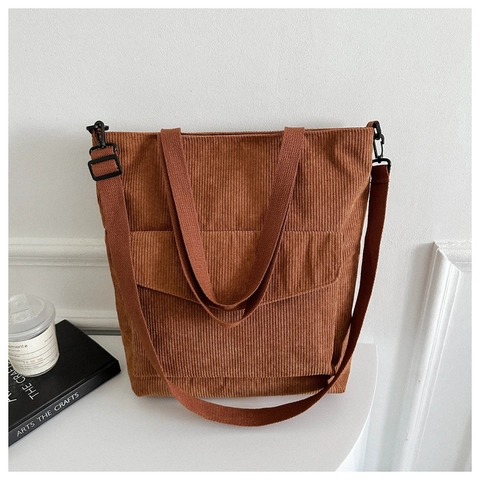Women Corduroy Tote Bag Large Capacity Shoulder Crossbody Bag With Front Flap Pocket Zipper Closure Retro Solid Color