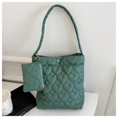 Women Heart Quilted Shoulder Bag With Small Coin Purse Lightweight Nylon Down Cotton Tote Bag For Daily Fashion