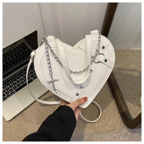 Fashion Heart Shaped Women Shoulder Bag PU Leather Gothic Punk Crossbody Bag With Metal Chain Cross Pendant Rivets Party Handbag