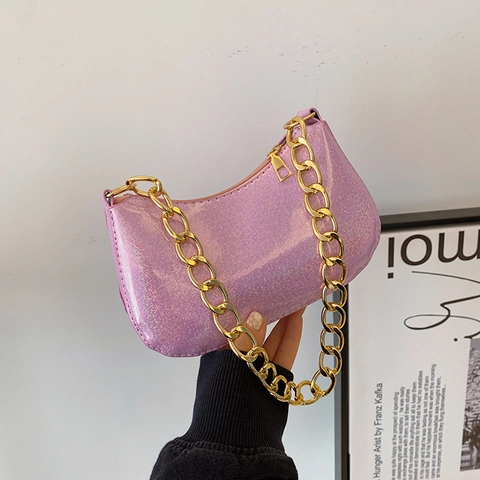 Borsa Sottoascellare da Donna con Paillettes Glitter Laser Tracolla a Catena Dorata Olografica Borsa a Spalla Semplice alla Moda