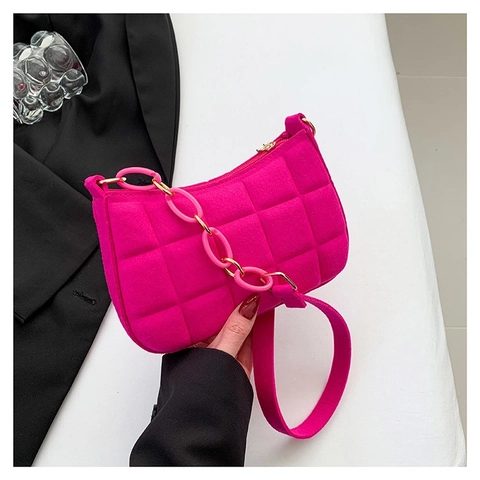 Women's Korean Style Quilted Felt Underarm Bag Simple Plaid Small Square Shoulder Bag With Decorative Chain Zipper Closure