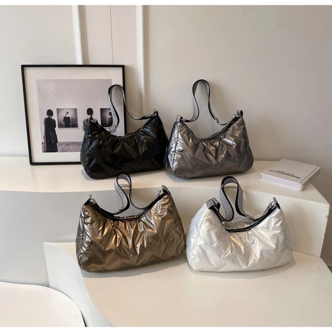 Women Quilted Puffer Shoulder Bag Shiny Large Capacity Tote Bag With Wide Chevron Strap Lightweight Padded Crossbody Bag