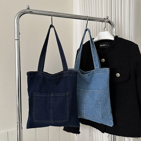 Borsa Tote In Denim Donna Borsa A Spalla Grande Capacità Casual Stile Giapponese Doppie Tasche Anteriori Leggera