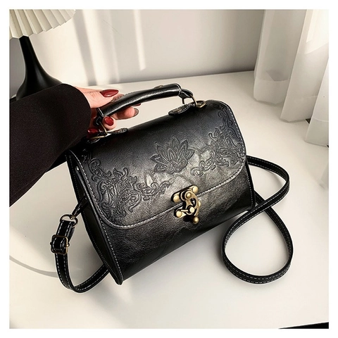 Women Vintage Shoulder Crossbody Bag PU Leather Embossed Floral Lotus Pattern Small Square Top Handle Retro Metal Lock