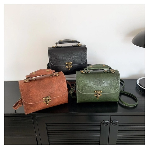 Women Vintage Shoulder Crossbody Bag PU Leather Embossed Floral Lotus Pattern Small Square Top Handle Retro Metal Lock