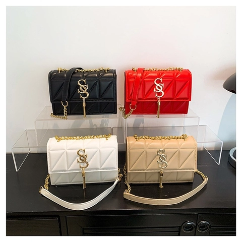 Dames Gewatteerde Ketting Schoudertas Ruitpatroon PU Leer Flap Crossbody Tas Met Kwastje Metalen Decor Voor Dagelijks Kantoor