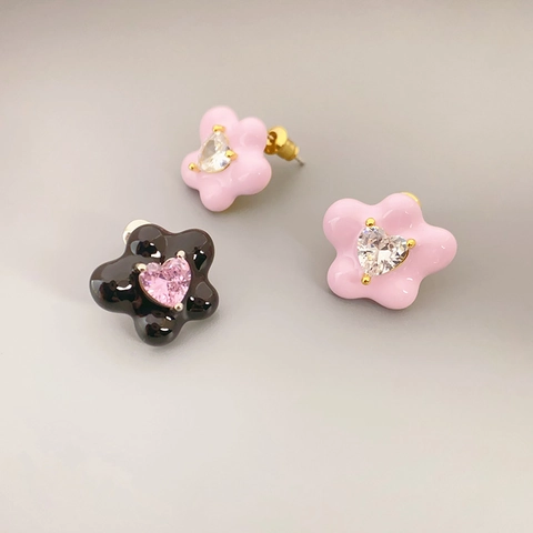 Orecchini A Lobo Fiore In Smalto Con Perno In Argento Sterling 925 Cuore Zirconia Gioielli In Ottone Per Donne