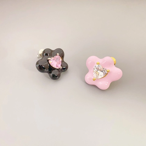 Orecchini A Lobo Fiore In Smalto Con Perno In Argento Sterling 925 Cuore Zirconia Gioielli In Ottone Per Donne