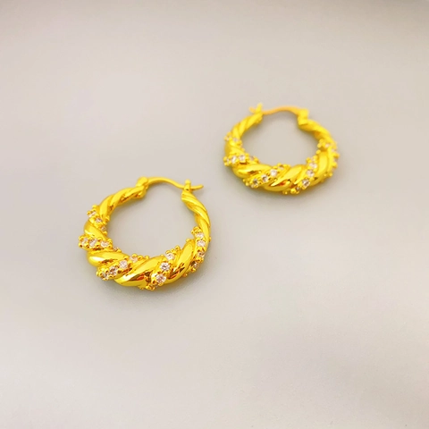 Franse Stijl Gedraaide Hoop Oorbellen Echt Verguld Koper Gevlochten Met Zirkonia Minimalistische Sieraden Voor Vrouwen