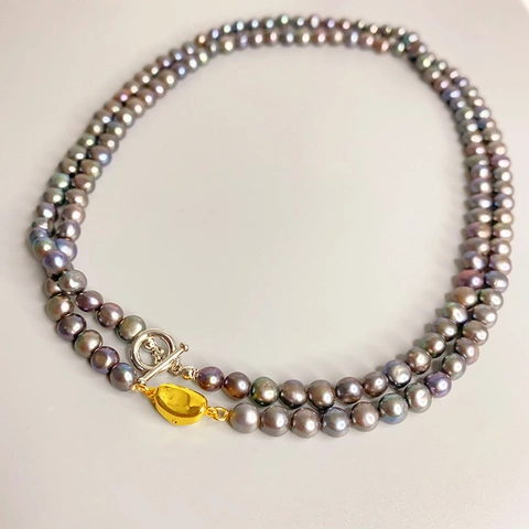 Collana di Perle d'Acqua Dolce Cangianti Barocche Vintage Francese per Donna Chiusura in Metallo di Ottone Grigio Pavone Viola Gioielli