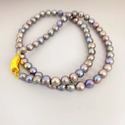 Collana di Perle d'Acqua Dolce Cangianti Barocche Vintage Francese per Donna Chiusura in Metallo di Ottone Grigio Pavone Viola Gioielli
