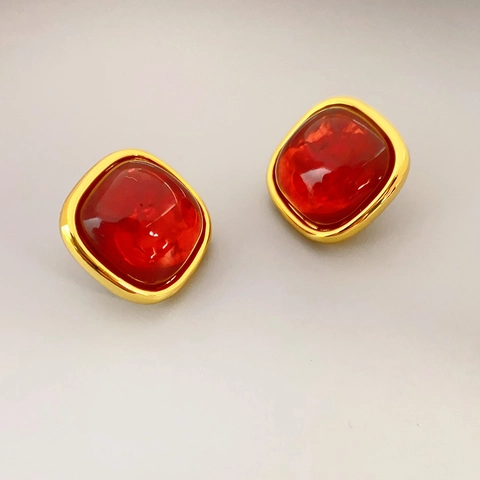Boucles d'Oreilles Clous Carrées Rouges Vintage En Résine Avec Tige En Argent Sterling 925 Plaqué Or Pour Femmes Bijoux Mariage
