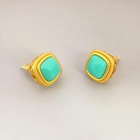 Square Turquoise Stud Earrings With 925 Sterling Silver Earring Post Brass 18K Gold Plated Vintage Luxury Jewelry For Women