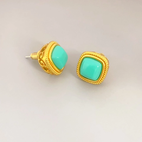 Quadratische Türkis Ohrstecker Mit 925 Sterling Silber Ohrstecker Messing 18K Vergoldet Vintage Luxus Schmuck Für Frauen