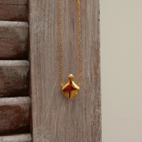 Gourd Pendant Necklace Copper Gold Plated With Cultured Artificial Pearl Minimalist Matte Texture Fashion Jewelry For Women