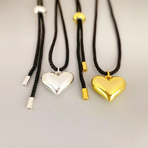Minimalist Polished Solid Heart Pendant Necklace For Women 18K Gold Plated Copper Heart Charm Black Cord Sweater Chain Jewelry