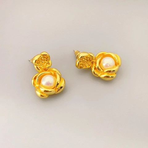 French Retro Gold Plated Brass Rose Flower Artificial Pearl Stud Earrings With 925 Sterling Silver Earring Post For Women