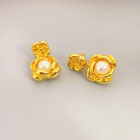 French Retro Gold Plated Brass Rose Flower Artificial Pearl Stud Earrings With 925 Sterling Silver Earring Post For Women