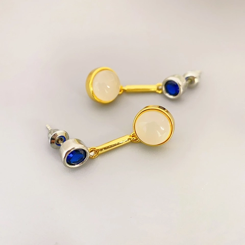 Orecchini Pendenti Geometrici Bicolore Ottone Placcato Oro 18K Con Perno In Argento Sterling 925 Pietra Opale Donne