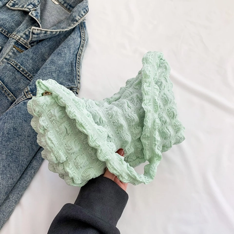 Women Bubble Texture Shoulder Bag Pleated Popcorn Fabric Underarm Handbag Chic Minimalist Ruched Cloud Dumpling Bag