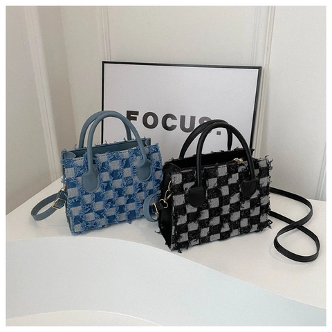 Checkerboard Handbag Woven Fabric Fringe Edge Small Shoulder Crossbody Tote Retro Square Bag Women