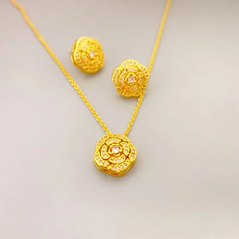 Camellia Blume Halskette Ohrringe Messing 18K Vergoldet Zirkonia Mit 925 Sterling Silber Ohrstecker Französischer Stil Damen
