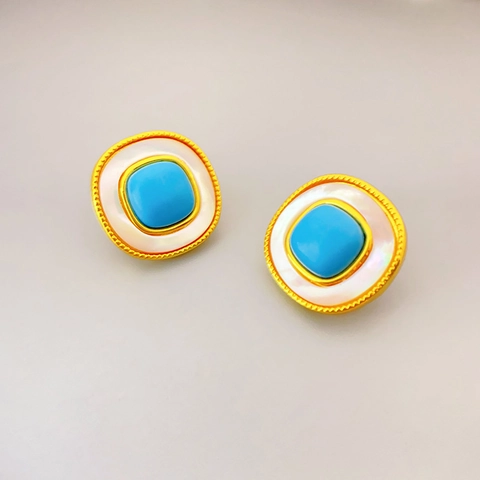 Orecchini a Bottone Quadrati in Ottone Vintage Placcati Oro 18K Con Perno in Argento Sterling 925 Intarsiati in Turchese Conchiglia