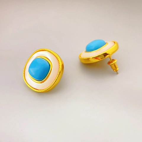 Orecchini a Bottone Quadrati in Ottone Vintage Placcati Oro 18K Con Perno in Argento Sterling 925 Intarsiati in Turchese Conchiglia