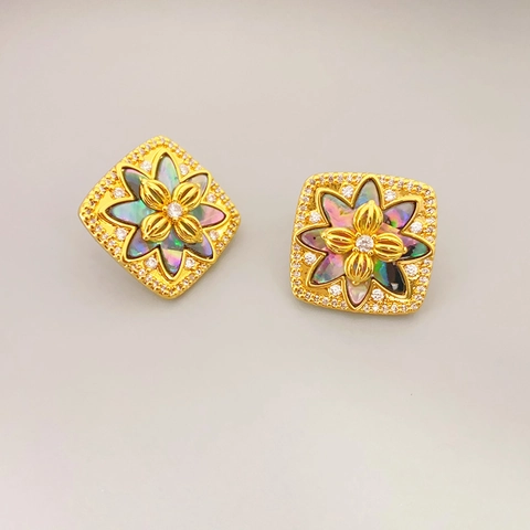 Französische Vintage Quadratische Blumen Ohrstecker Vergoldetes Kupfer Bunte Muschel Zirkon 925 Sterling Silver Earring Post