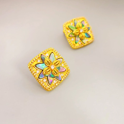Französische Vintage Quadratische Blumen Ohrstecker Vergoldetes Kupfer Bunte Muschel Zirkon 925 Sterling Silver Earring Post
