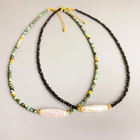 Vintage Baroque Cultured Artificial Pearl Handcrafted Beaded Necklace Turquoise Black Onyx Gold Plated Choker For Women Fashion Jewelry