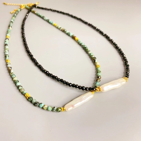 Vintage Baroque Cultured Artificial Pearl Handcrafted Beaded Necklace Turquoise Black Onyx Gold Plated Choker For Women Fashion Jewelry