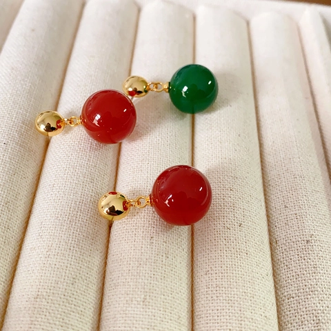 Boucles D'oreilles Pendantes Perles Rondes Laiton Plaqué Or Calcédoine Verte Agate Rouge Tige En Argent Sterling 925
